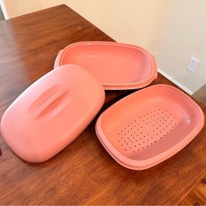 Vintage Tupperware 3 piece pink food steamer set 6 Cups. Made in USA Dusty Rose